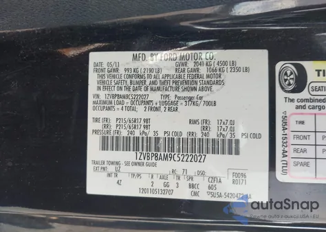 2012 Ford Mustang V6 Premium z USA, uszkodzony, nr VIN 1ZVBP8AM9C5222027